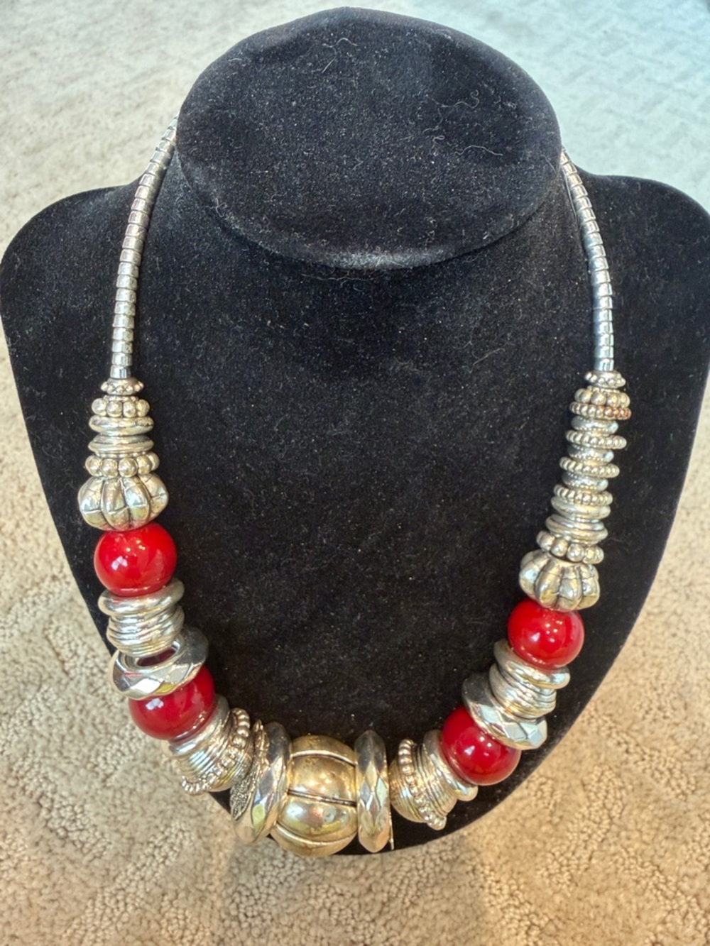 Statement Red Bead and Silver-Tone Chunky Necklace